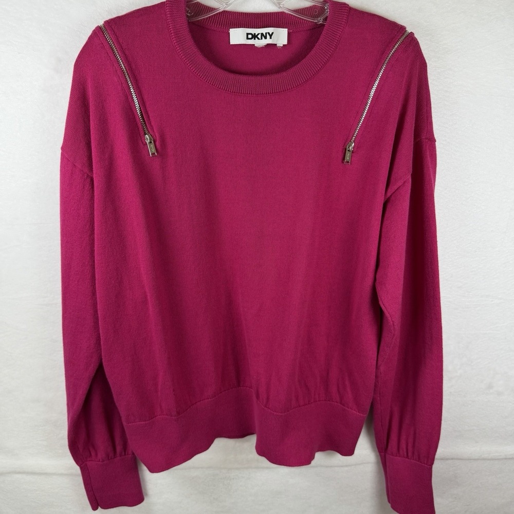 DKNY Vintage Sweater Zipper Shoulder Hot Pink 80's Barbie core Sz M* - Picture 3 of 11